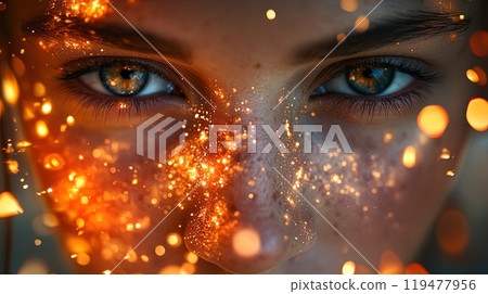 A close-up of a woman's intense gaze surrounded by glowing sparks, symbolizing energy, power, and transformation. Generated AI. 119477956