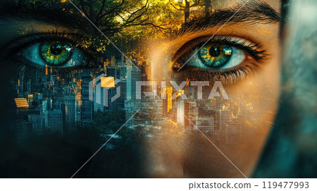 A close-up of a person's eyes reflecting both trees and a cityscape, symbolizing the choice between nature and urban life. Generated AI. 119477993