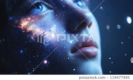 A woman's face merges with the cosmos, symbolizing the connection between humanity and the vast universe. Generated AI. 119477995