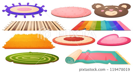 Cartoon decorative carpets. Wool bedding under feet. Cozy home textile. Interior elements. Room furnishing. Different patterns, shapes and designs. House furniture. Recent vector set 119478019