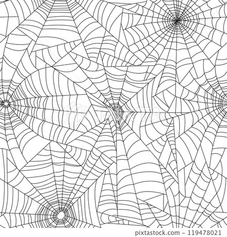 Cobweb seamless pattern. Halloween simple theme. Spooky holiday. Repeated print. Arachnids net. Insects trap. Black curved lines. Tangled spiderwebs. October gossamer. Vector background 119478021
