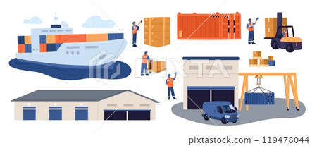 Logistics and delivery. Cargo transport. Warehouse worker in uniform. Containers loading. Forklift or crane loaders. Freight transportation ways. Storehouse building. Garish vector set 119478044