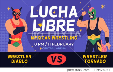 Mexican fighting show poster. Fight invitation. Professional wrestlers in traditional costumes and masks. Lucha Libre competition. Wrestling championship. Garish vector flyer design 119478045