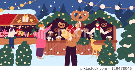 People choose Christmas gifts at fair. Visitors buy sweets, decorations and souvenirs in wooden New Year kiosks. Xmas marketplace. Holiday presents and pastry selling. Garish vector concept 119478046