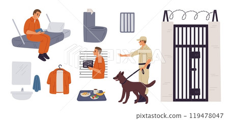 People serving punitive sentence and prison elements. Warden and criminals in uniform. Detention chamber objects. Lawbreakers mugshot. Prison fence with barbwire. Garish vector set 119478047