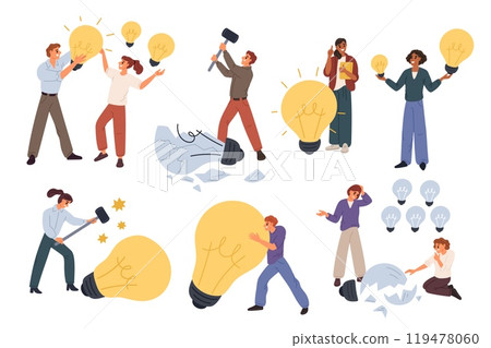 People with glowing and extinguished light bulbs. Idea search. Creativity and brainstorming. Successful teamwork. Startup success or failure lamp. Broken lightbulb. Garish vector set People with glowing and extinguished light bulbs. Idea search. Creativity and brainstorming. Successful teamwork. Startup success or failure lamp. Broken lightbulb. Garish vector set 119478060