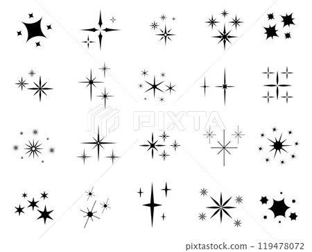 Sparks silhouettes. Twinkle star particles. Different black shapes. Shining burst elements. Glitter party objects. Magic sparkles. Glowing effect icons. Starry flat symbols vector set 119478072