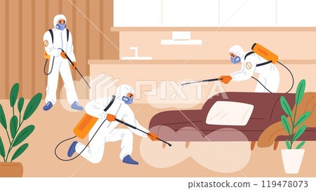 Specialists exterminate parasites in room. Pest control. Interior chemical treatment. Protective uniforms. Exterminators spray insecticide. Disinfect sprayer. Garish vector concept Specialists exterminate parasites in room. Pest control. Interior chemical treatment. Protective uniforms. Exterminators spray insecticide. Disinfect sprayer. Garish vector concept 119478073