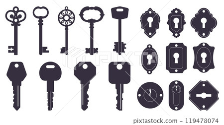 Vintage and modern keys. Lock keyholes. Black silhouette icons on white background. Different passkey shapes and carvings. Door locking. House safety. Latchkey flat symbols vector set 119478074