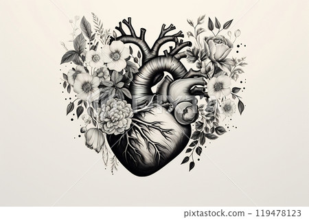 Floral Anatomy Heart Illustration. Valentines day card. Anatomical heart with flowers. Black and white ink illustration 119478123
