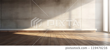 Sunlit Concrete Wall with Wooden Floor Interior 119478216