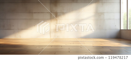 Sunlit Concrete Wall with Wooden Floor Interior Sunlit Concrete Wall with Wooden Floor Interior 119478217