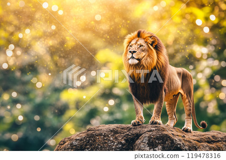 Majestic Lion Standing Proudly on a Hilltop at Sunset 119478316