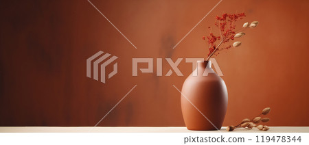 Minimalist Elegance: Single Brown Vase with Olive Branch Minimalist Elegance: Single Brown Vase with Olive Branch 119478344