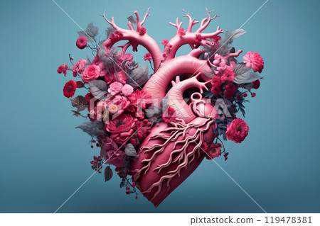 Heart of Nature: 3D Cardiac Bloom. Valentines day card. Anatomical heart with flowers. 119478381
