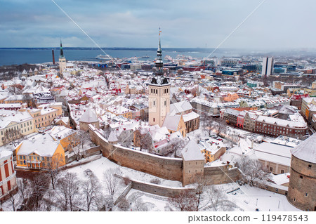 Aerial View of Tallinn in winter, roofs are covered with snow, Christmas mood 119478543