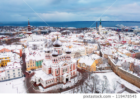 Aerial View of Tallinn in winter with Alexander Nevsky Cathedral, roofs with snow, Christmas mood Aerial View of Tallinn in winter with Alexander Nevsky Cathedral, roofs with snow, Christmas mood 119478545