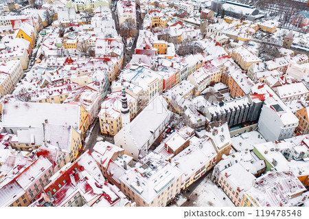 Aerial View of Tallinn in winter, roofs are covered with snow, Christmas mood Aerial View of Tallinn in winter, roofs are covered with snow, Christmas mood 119478548