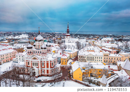 Aerial View of Tallinn in winter with Alexander Nevsky Cathedral, roofs with snow, Christmas mood Aerial View of Tallinn in winter with Alexander Nevsky Cathedral, roofs with snow, Christmas mood 119478553