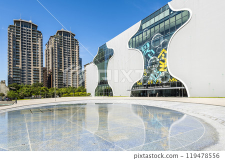 Modern building view of the National Taichung Theater in Taiwan. This is the only national performing arts center in central Taiwan. 119478556