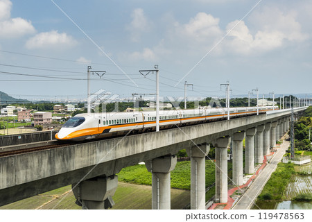 Overlooking view of the Taiwan High Speed Rail trains passing the Waipu of Taichung in Taiwan, It is the only high-speed railway in Taiwan. 119478563