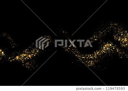 Texture of gold glitter, on a black background. Abstract golden color particles, confetti glitter explosion. Festive background. 119478593