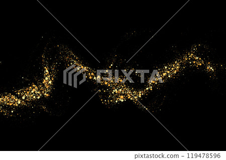 Texture of gold glitter, on a black background. Abstract golden color particles, confetti glitter explosion. Festive background. 119478596