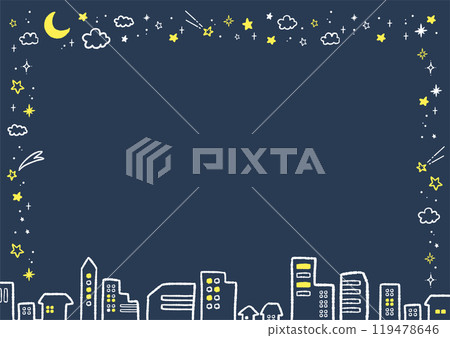 Hand-drawn illustration frame of stars, moon, sparkling night sky and cityscape 119478646