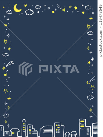 Hand-drawn illustration frame of stars, moon, sparkling night sky and cityscape 119478649