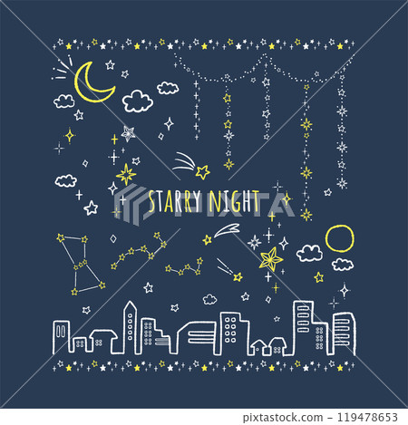 Set of hand drawn illustrations of stars, moon, sparkling night sky and cityscape 119478653