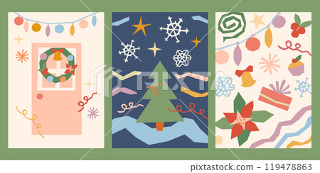 Colorful Merry Christmas cards set. Festive New Year vector poster illustrations, hand drawn geometric style. Modern xmas playful naive designs for invitations, postcards, flyers, seasonal banners 119478863