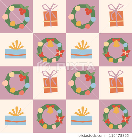 Modern Christmas block seamless pattern. Hand drawn minimalist square icons with wreaths and gift boxes in hand drawn geometric style. Abstract retro xmas repeated background for banner, wrapping 119478865