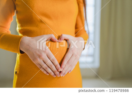 Pregnancy motherhood expectation future. Pregnant woman hands touching big belly. Girl making heart shape with hands enjoying pregnancy. Pregnant woman showing heart sign. Maternity love new life Pregnancy motherhood expectation future. Pregnant woman hands touching big belly. Girl making heart shape with hands enjoying pregnancy. Pregnant woman showing heart sign. Maternity love new life 119478986