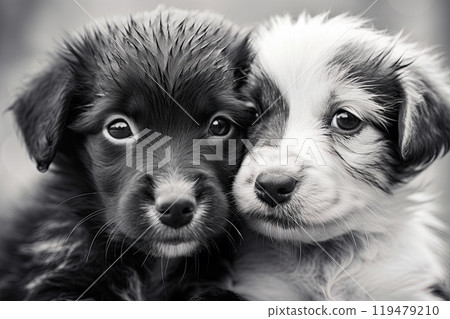 Two adorable puppies in love. Valentines day concept. Postcard, poster design. Generative Ai 119479210
