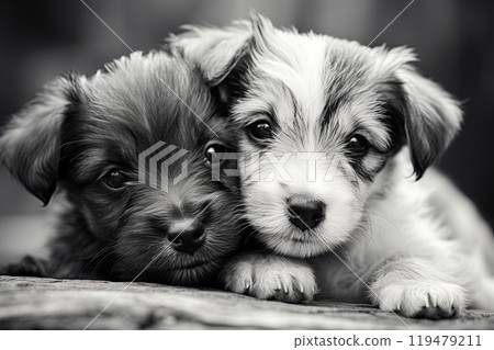 Two adorable puppies in love. Valentines day concept. Postcard, poster design. Generative Ai 119479211