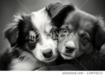 Two adorable puppies in love. Valentines day concept. Postcard, poster design. Generative Ai 119479213