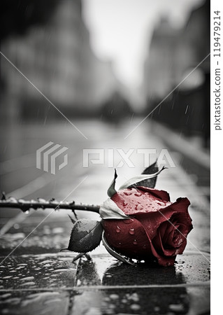 Red rose in the rain on the street. Generative Ai 119479214