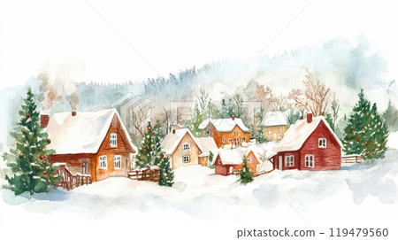 Christmas town border, european houses street with falling snow. Winter city scene, seamless water color illustration for greeting card design. Christmas town border, european houses street with falling snow. Winter city scene, seamless water color illustration for greeting card design. 119479560