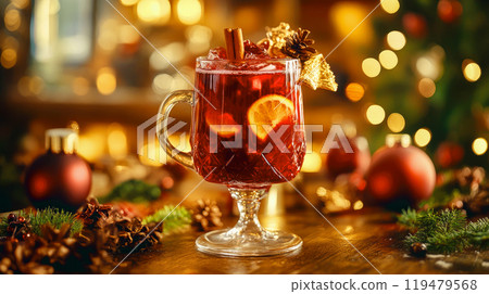 Mulled wine with orange, pomegranate and cinnamon in glasses on a dark background. Mulled wine with orange, pomegranate and cinnamon in glasses on a dark background. 119479568