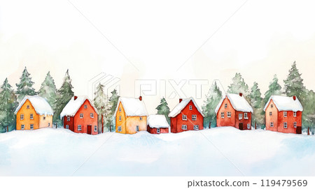 Christmas town border, european houses street with falling snow. Winter city scene, seamless water color illustration for greeting card design. 119479569