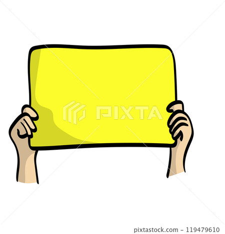 two hands holding yellow sign illustration vector isolated on white background 119479610