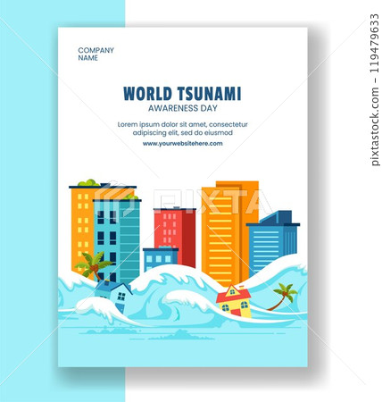 Tsunami Day Awareness Poster Flat Cartoon Design for Social Media Illustration 119479633