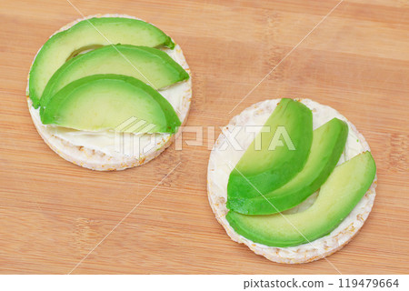 Rice Cake Sandwiches with Fresh Avocado and Cream Cheese 119479664
