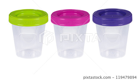 Plastic container set of three for drink food and foodstuffs with plastic cover. Colorful covers on long plastic container cup. Isolated on white background. Plastic container set of three for drink food and foodstuffs with plastic cover. Colorful covers on long plastic container cup. Isolated on white background. 119479894