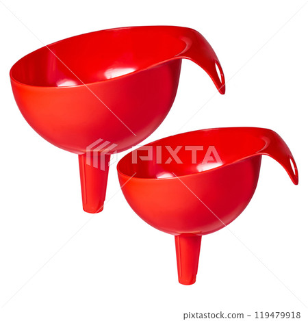 Red orange plastic funnel isolated on white background. Set of two funnels 119479918
