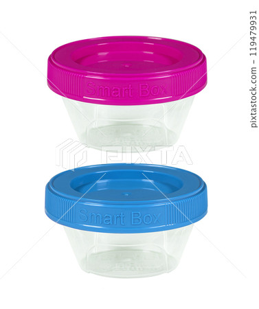 Plastic container set of two for drink food and foodstuffs with plastic cover. Colorful covers on long plastic container cup. Isolated on white background. Plastic container set of two for drink food and foodstuffs with plastic cover. Colorful covers on long plastic container cup. Isolated on white background. 119479931