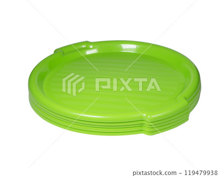 Stack of plastic trays for food isolated on white background. Plastic tray 119479938