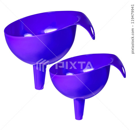Blue purple plastic funnel isolated on white background. Set of two funnels 119479941