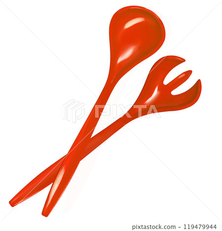 Red fork and spoon isolated on white background. Red colour objects. Eating. Salad set fork and spoon. Kitchenwear. Tablewear. Simplicity. Product design. Comfort. Kitchen utensil Red fork and spoon isolated on white background. Red colour objects. Eating. Salad set fork and spoon. Kitchenwear. Tablewear. Simplicity. Product design. Comfort. Kitchen utensil 119479944