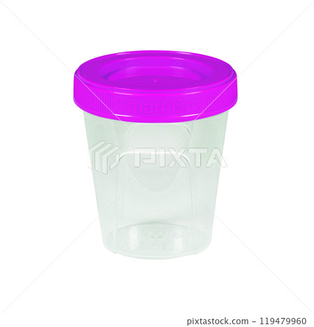 Plastic container for drink food and foodstuffs with plastic cover. Colorful covers on long plastic container cup. Isolated on white background. 119479960